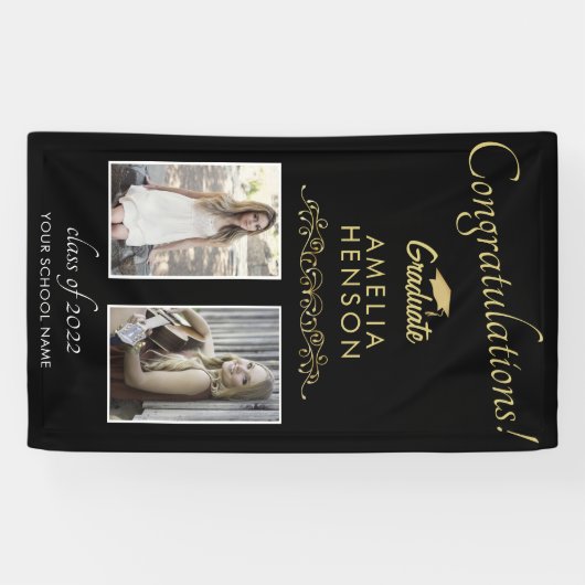 金ゴールドブラック2022卒業2写真卒業パーティー 横断幕 (横)