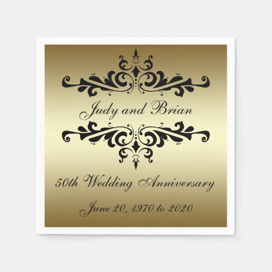 金ゴールドブラック50周年結婚紙ナプキンス スタンダードカクテルナプキン (正面)