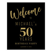 金ゴールドブラック50歳の誕生日パーティー歓迎サイン ポスター (正面)