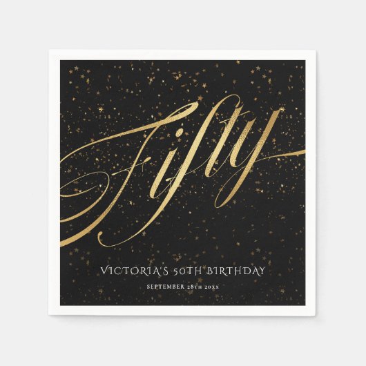 金ゴールドブラック50番目の誕生日紙吹雪 エレガント スタンダードカクテルナプキン (正面)