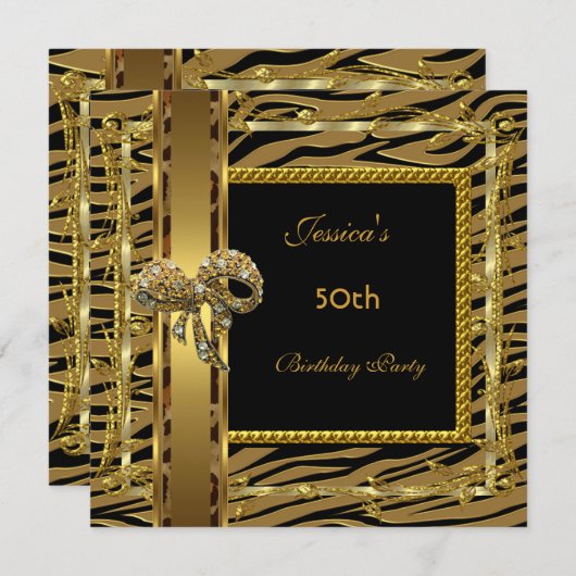 金ゴールドブラック50誕生日アニマルワイルドエレガント6 招待状 (正面/裏面)
