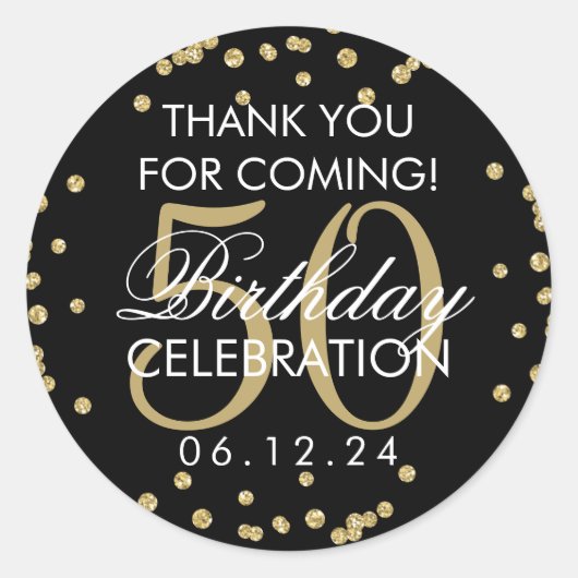 金ゴールドブラック50誕生日サンキューグリッター紙吹雪 ラウンドシール (正面)