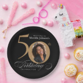 金ゴールドブラック50誕生日書道カスタム写真 ペーパープレート (パーティー)