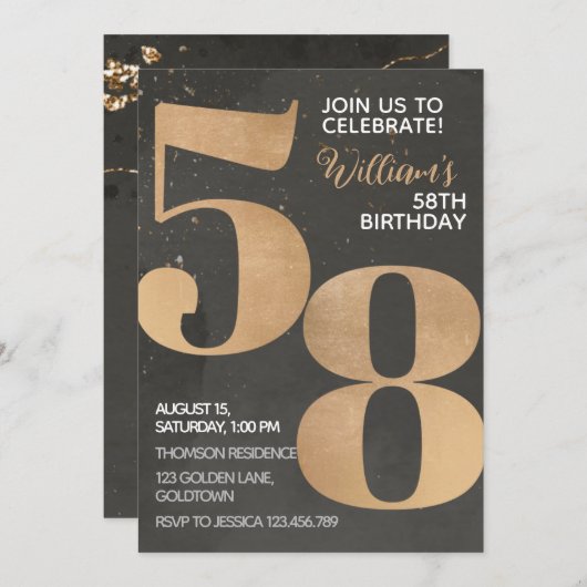 金ゴールドブラック58番目の誕生日招待状 招待状 (正面/裏面)