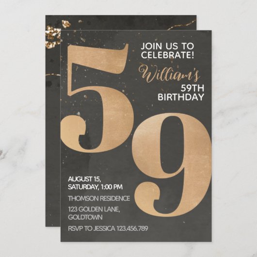 金ゴールドブラック59番目の誕生日招待状 招待状 (正面/裏面)