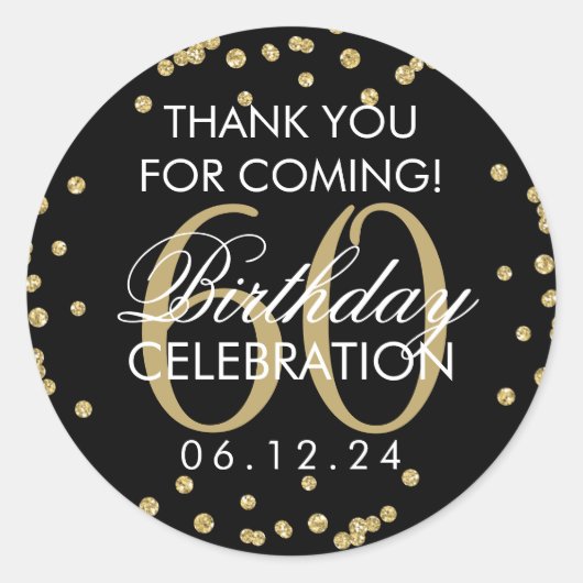 金ゴールドブラック60誕生日サンキュー紙吹雪 ラウンドシール (正面)