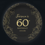 金ゴールドブラック60誕生日 ペーパープレート<br><div class="desc">ブラック金ゴールド60thバースデーパーティー紙プレート。植物性のモダンアクセントとタイポグラフィスクリプトフォントを搭載。フローラシンプルデザインは日々のお祝いに最適なスタイリッシュ。任意のカスタマイズ年齢に対応できる。</div>