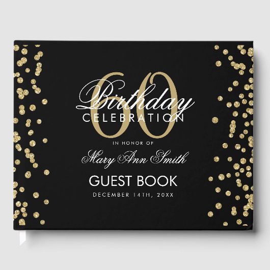 金ゴールドブラック60thバースデーパーティーグリッター紙吹雪 ゲストブック (正面)