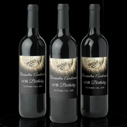 金ゴールドブラック60thバースデーパーティー70sディスコボール ワインラベル