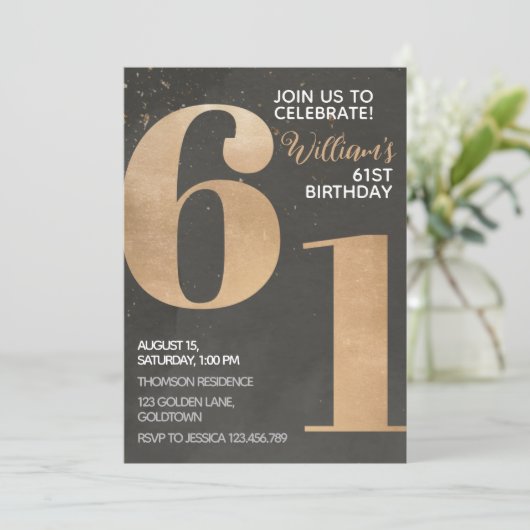 金ゴールドブラック61番目の誕生日招待状 招待状 (スタンド正面)