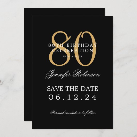 金ゴールドブラック80誕生日日付を詳細付きで保存 招待状 (正面/裏面)