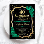 金ゴールドブラック・グリーンバラ40th Birthday 招待状<br><div class="desc">40歳の誕生日パーティの招待状。フローラエレガントエメラルド緑のデザインとフェイクグリッター金ゴールド、バラ、スクリプトフォント。日中の女子スタイリッシュお祝いに最適。どんなカスタマイズ年でもいい！印刷されたZazzle招待状または即時ダウンロードのデジタル印刷可能なテンプレート。</div>