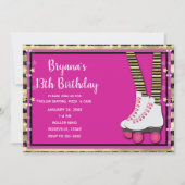 金ゴールドブラック&ピンクローラースケートで滑る誕生日パーティー 招待状 (正面)