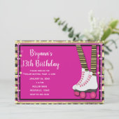 金ゴールドブラック&ピンクローラースケートで滑る誕生日パーティー 招待状 (スタンド正面)