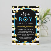 金ゴールドブラック・ブルーそれが男の子のベビー足跡だ 箔招待状 (立ち正面)