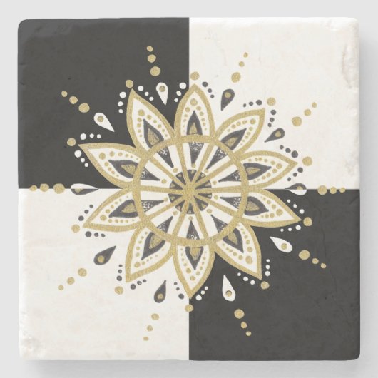 金ゴールドブラック&ホワイトサークルマンダラ ストーンコースター (正面)