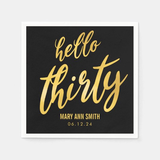金ゴールドブラック「Hello Thirty」誕生日(名前あり) スタンダードカクテルナプキン (正面)