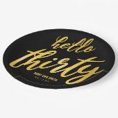 金ゴールドブラック「Hello Thirty」誕生日(名前あり) ペーパープレート (アングル)