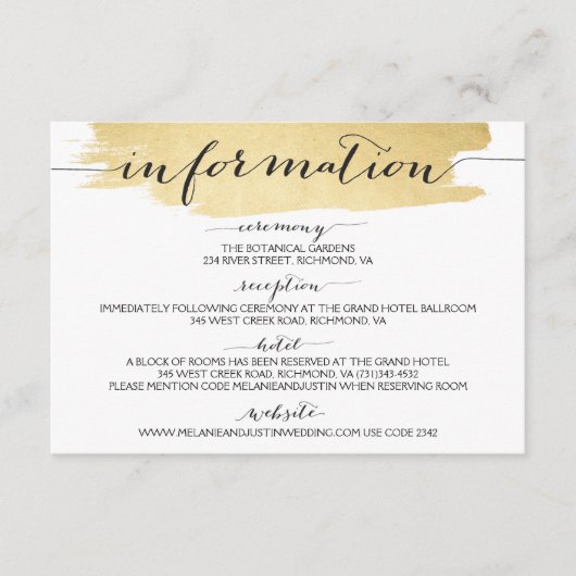 金ゴールドブラッシュストローク結婚ズの情報カード エンクロージャーカード (正面)