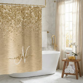 金ゴールドブラッシュメタルグリッターモノグラム名 シャワーカーテン