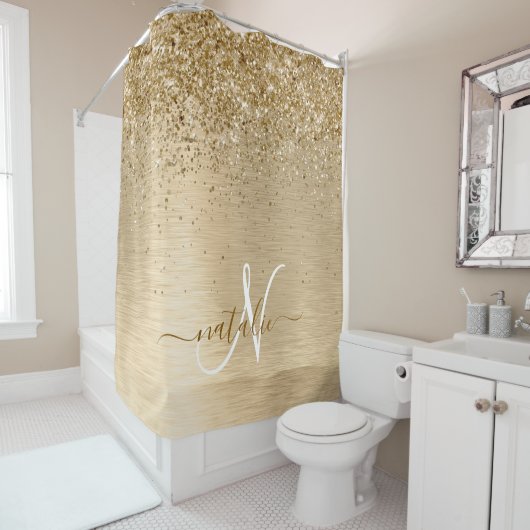 金ゴールドブラッシュメタルグリッターモノグラム名 シャワーカーテン (インサイチュ)