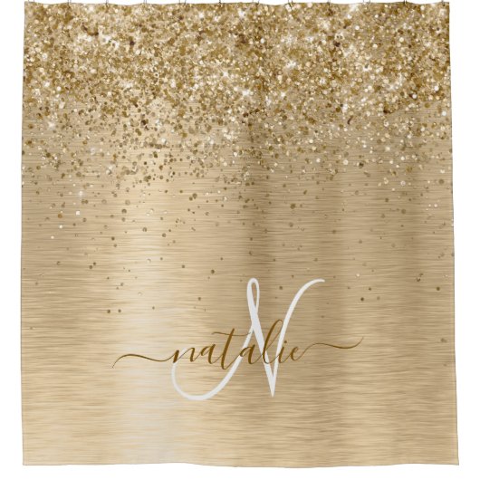 金ゴールドブラッシュメタルグリッターモノグラム名 シャワーカーテン (正面)