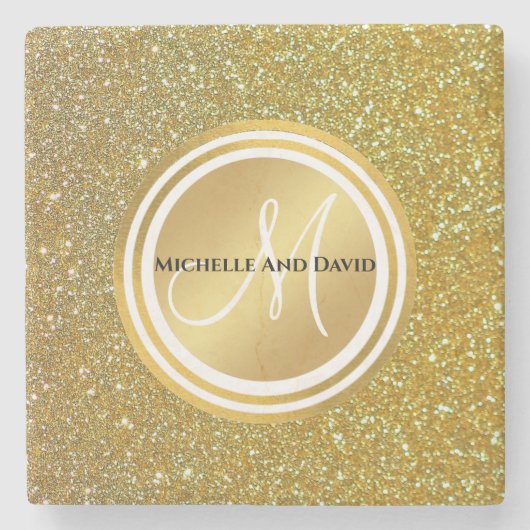金ゴールドブラッシュメタルグリッターモノグラム名 ストーンコースター (正面)