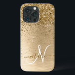 金ゴールドブラッシュメタルグリッターモノグラム名 iPhone 13 PROケース<br><div class="desc">簡単にパーソナライズこのトレンディーシックな電話ケースデザインかわいらしは、金ゴールドのブラッシュドきらめくメタル背景に金ゴールドグリッターを搭載。</div>
