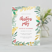 金ゴールドブランチ水彩の葉クリスマスパーティー 箔招待状 (立ち正面)