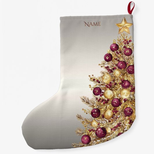 金ゴールドブルガンディクリスマスツリーホリデイストッキング ラージクリスマスストッキング (裏面)