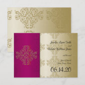 金ゴールドブルガンディダマスクプシュウェディング日付を保存 セーブザデート (正面/裏面)