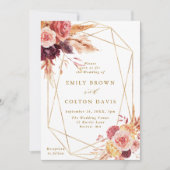 金ゴールドブルガンディテラコッタフラワージオメトリック結婚ス 招待状 (正面)