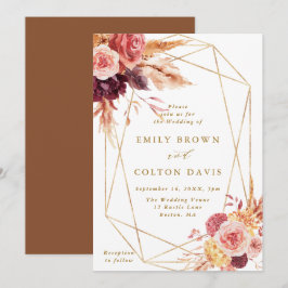 金ゴールドブルガンディテラコッタフラワージオメトリック結婚ス 招待状