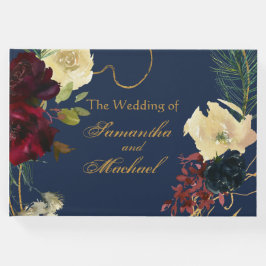 金ゴールドブルガンディブルーウォーターカラーフローラリースウェディン ゲストブック