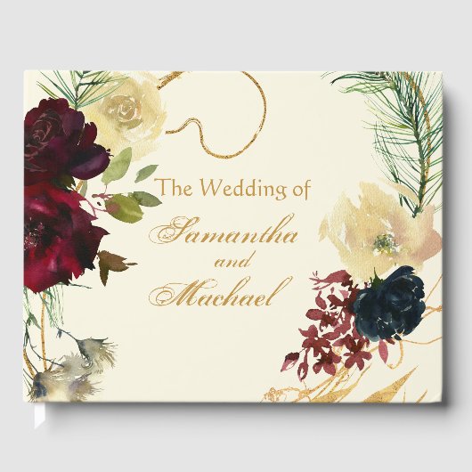 金ゴールドブルガンディブルーウォーターカラーフローラリースウェディン ゲストブック (正面)