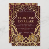 金ゴールドブルガンディメフェンディ結婚ヘナインディアンのインビタ 招待状 (正面/裏面)