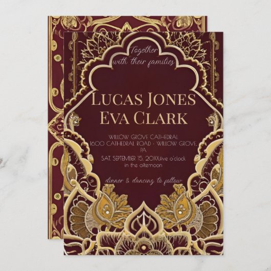 金ゴールドブルガンディメフェンディ結婚ヘナインディアンのインビタ 招待状 (正面/裏面)