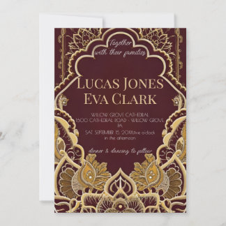 金ゴールドブルガンディメフェンディ結婚ヘナインディアンのインビタ 招待状