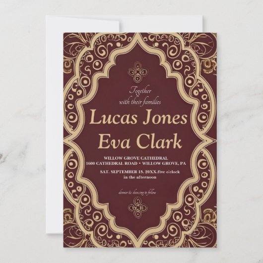 金ゴールドブルガンディメフェンディ結婚ヘナインディアンのインビタ 招待状 (正面)