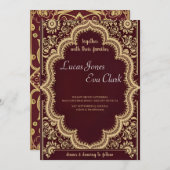 金ゴールドブルガンディメフェンディ結婚ヘナインディアンのインビタ 招待状 (正面/裏面)