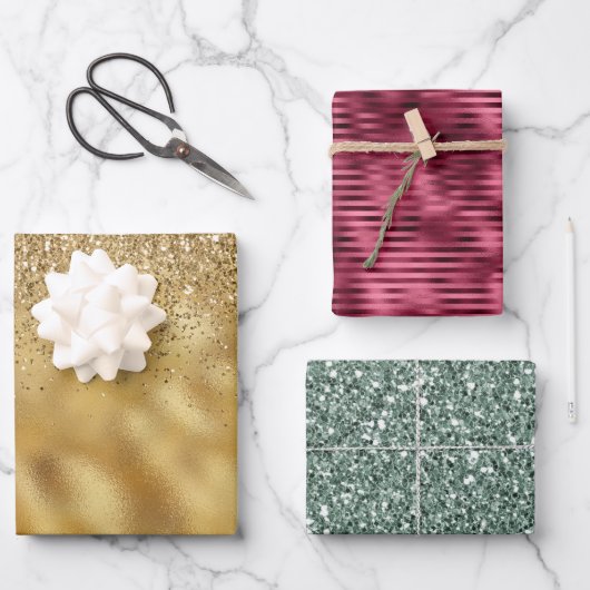 金ゴールドブルガンディーグリーングリッターグラム ラッピングペーパーシート (正面)
