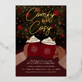 金ゴールドブルガンディーコージーホットココアホリデーへの招待 箔招待状