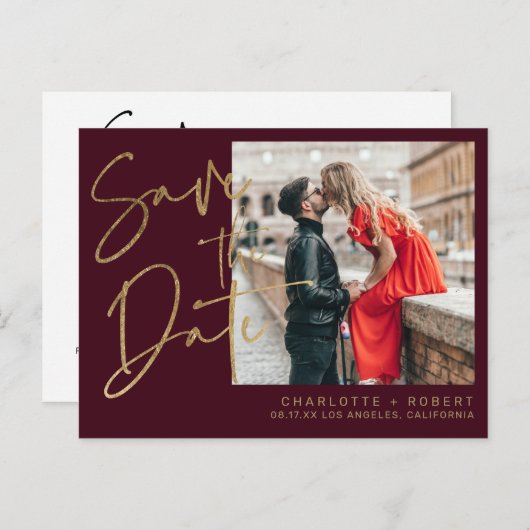 金ゴールドブルゴーニュのスクリプト写真の結婚式の日付を保存 案内ポストカード (正面/裏面)