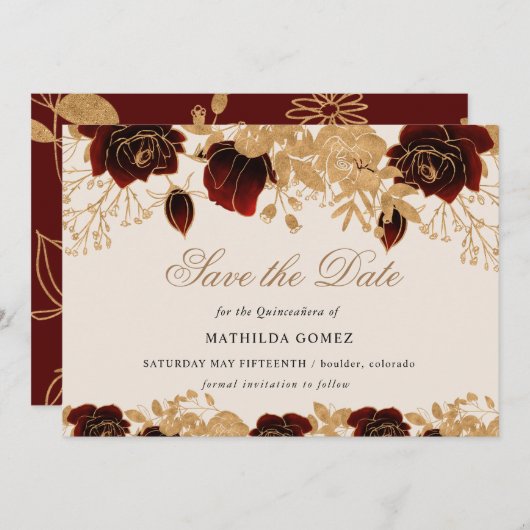 金ゴールドブルゴーニュバラクインセアニェラ日付を保存 招待状 (正面/裏面)