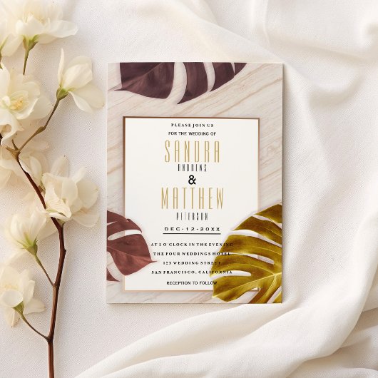 金ゴールドブルゴーニュバラ金ゴールド大理石トロピカル結婚ズ 招待状