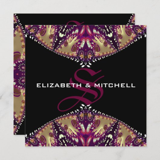 金ゴールドブルゴーニュフラクタルレースモノグラム結婚ズ 招待状 (正面/裏面)
