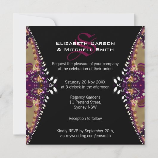 金ゴールドブルゴーニュフラクタルレースモノグラム結婚ズ 招待状 (裏面)