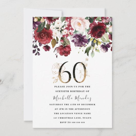 金ゴールドブルゴーニュフローラエレガント60thバースデーパーティー 招待状 (正面)