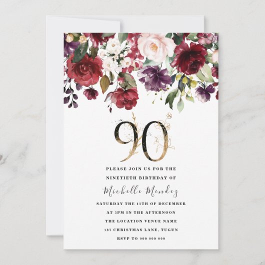 金ゴールドブルゴーニュフローラエレガント90thバースデーパーティー 招待状 (正面)