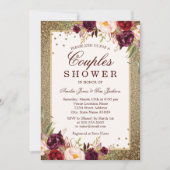 金ゴールドブルゴーニュフローラスパークルカップルシャワー 招待状 (正面)